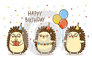 Cute hedgehogs border solated on white - cartoon characters for Your happy Birthday design photo