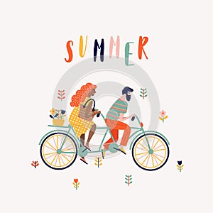 Cute hello summer illustration people on tandem bike.