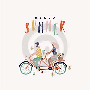 Cute hello summer illustration people on tandem bike.