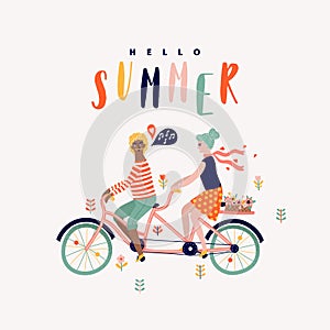 Cute hello summer illustration people on tandem bike.