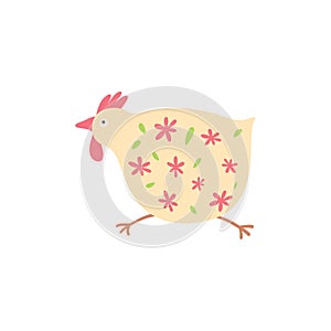 Cute hen isolated on white. Easter. Childish cute cock with floral ornament. Running chicken character vector