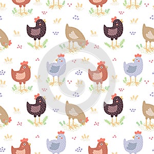 Cute hens vector seamless pattern