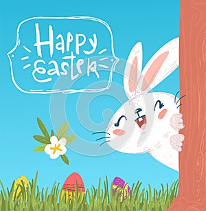 Cute hiding easter bunny greeting card design