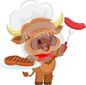 Cute Highland Cow Chef Cartoon Character Holding A Platter With Grilled Steak And Sausage