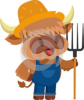 Cute Highland Cow Farmer Cartoon Character Carrying A Rake