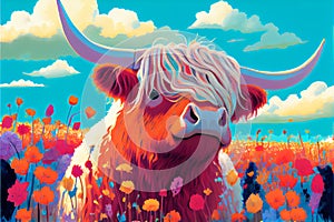 Cute Highland cow field of flowers