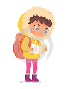 Cute hiker kid holding travel map on winter adventure, traveling scout with backpack