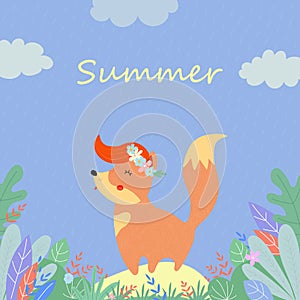 Cute hippie fox in flower wreath on sunny field