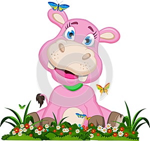 Cute hippo cartoon with flowers