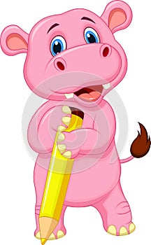 Cute hippo cartoon holding yellow pencil