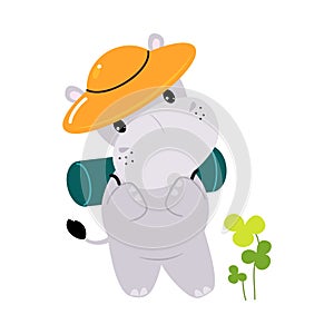 Cute Hippo Character in Hat and Backpack Engaged in Hiking Vector Illustration