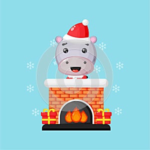 Cute hippo on the Christmas Chimney Fireplace