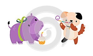 Cute Hippo and Dog Animal Congratulating with Birthday Holiday with Cupcake and Blowing Whistle Vector Set