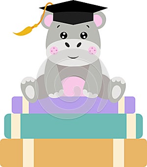 Cute hippo with graduation cap sitting on top of books