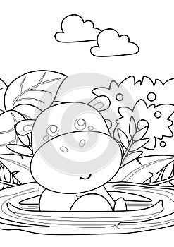 Cute Hippo Hippopotamus Pond Animal Coloring Pages for Kids and Adult