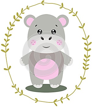 Cute hippo inside an oval leaves border