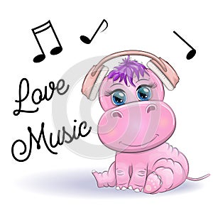 Cute hippo listening music with headphone. Cute animal cartoon illustration