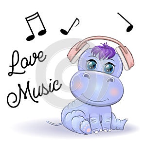 Cute hippo listening music with headphone. Cute animal cartoon illustration