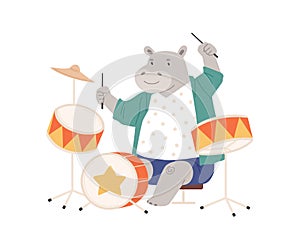 Cute hippo playing on drums. Happy animal musician performing music on drumkit. Funny hippopotamus sitting with photo