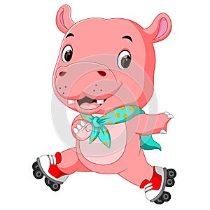 Cute hippo playing roller skates