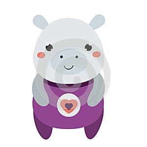 Cute hippo in purple jumpsuit. Cartoon kawaii animal character. Vector illustration for kids and babies fashion