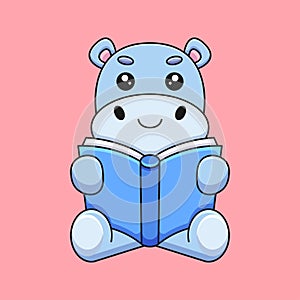 cute hippo reading book cartoon mascot doodle art hand drawn concept vector kawaii icon illustration