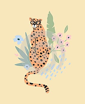 Cute hipster cheetah with flowers and tropical. Wild cat background.