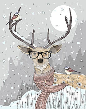 Cute hipster deer with scarf and glasses. Winter night