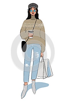 Cute hipster girl carries a bag and coffee. Modern young woman is shopping. Vector doodle illustration, sketch