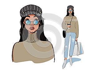 000Cute hipster girl carries bag and coffee. Portrait in full growth. Modern young woman goes shopping. Vector fashion