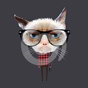 Cute hipster grumpy cat, concept. Vector image