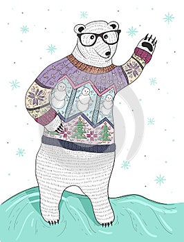 Cute hipster polar bear with glasses