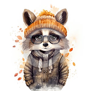 Cute hipster raccoon in winter hat and jacket. Watercolor cartoon illustration