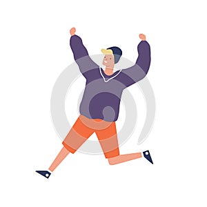 Cute hipster teenager running having fun vector flat illustration. Joyful guy in casual clothes jumping raising hands