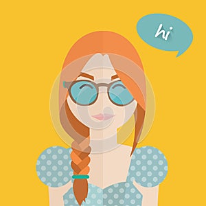 Cute hipster woman with braid, glasses and dress, flat design illustration