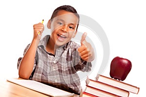 Cute Hispanic Boy with Books, Apple and Pencil