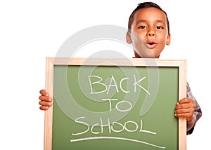 Cute Hispanic Boy Holding Chalkboard with Back to