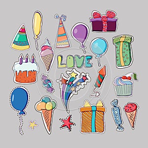 Cute holiday illustration. Vector hand drawn stickers set. Cakes