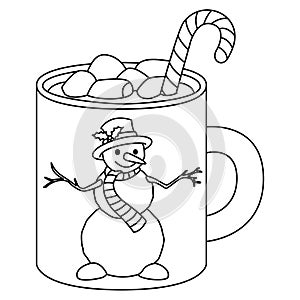 Cute holiday mug with snowman. Hot chocolate with marshmallows and Lollipop. photo