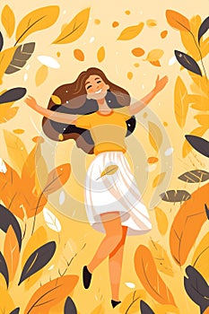 Cute holiday nature art happy design women fall active cartoon character meditating autum leaf