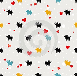 Cute holiday seamless pattern pigs on a pale background with snow and hearts.