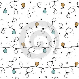 Cute holidays scandinavian seamless vector pattern background illustration with christmas lights garland, stars and snowflakes