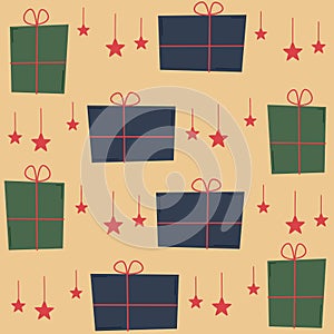 Cute holidays seamless vector pattern background illustration with christmas gift box and stars