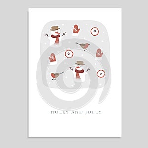 Cute Holly and Jolly Christmas greeting card, invitation with snowmen, finch birds, glowes, sliced apples and falling