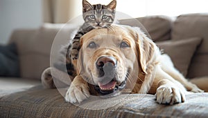 Cute home pets scene and dog and cat friendship concept. Small kitty lying on the big furry labrador canine and together looking