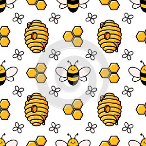 Cute honey bee seamless pattern. Vector doodle cartoon beehive, flowers and honeycombs illustration digital paper