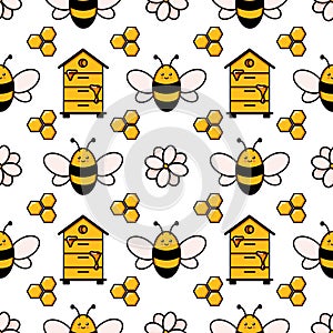 Cute honey bee seamless pattern. Vector doodle cartoon beehive, flowers and honeycombs illustration digital paper