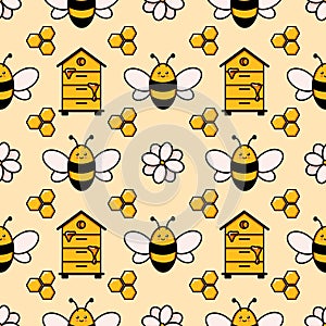 Cute honey bee seamless pattern. Vector doodle cartoon beehive, flowers and honeycombs illustration digital paper