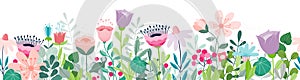 Cute horizontal banner with colourful hand drawn blooming flowers.