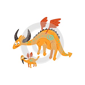 Cute horned mature dragon with wings and small baby dragon, mother and her child, family of mythical animals cartoon